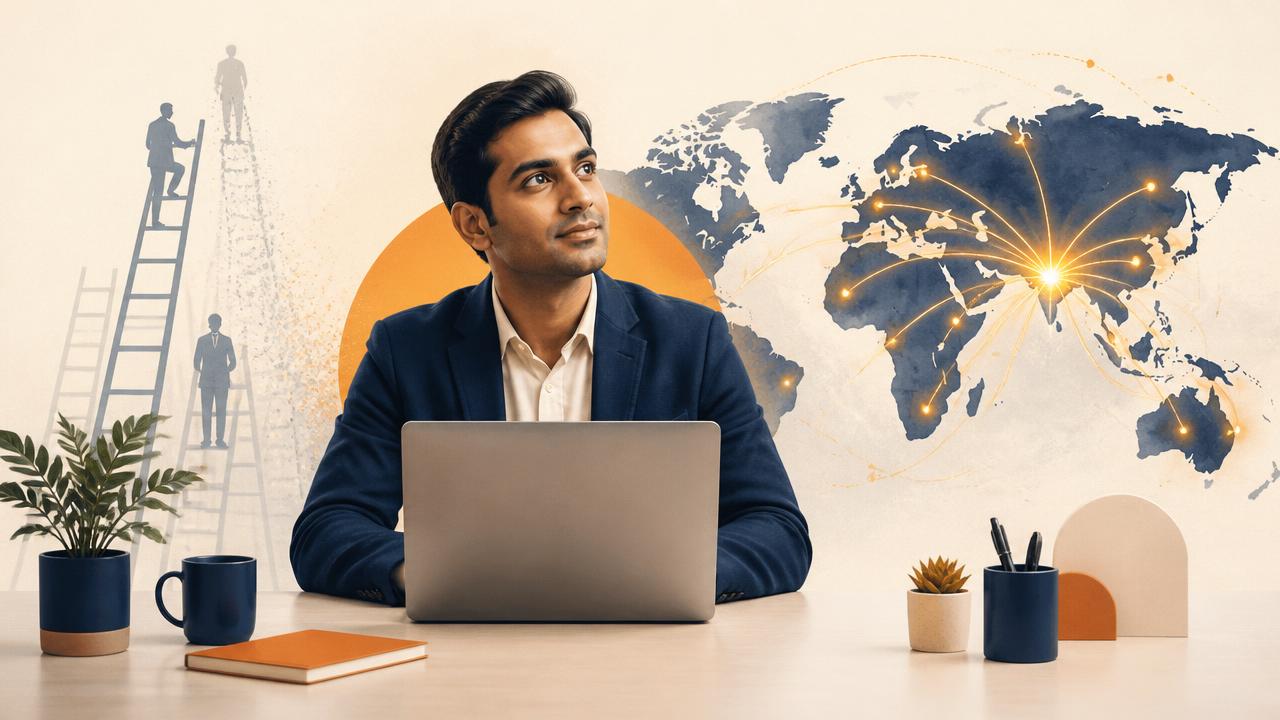 A professional Indian worker at a laptop with a world map and fading corporate ladders, symbolising the shift from traditional jobs to global remote work